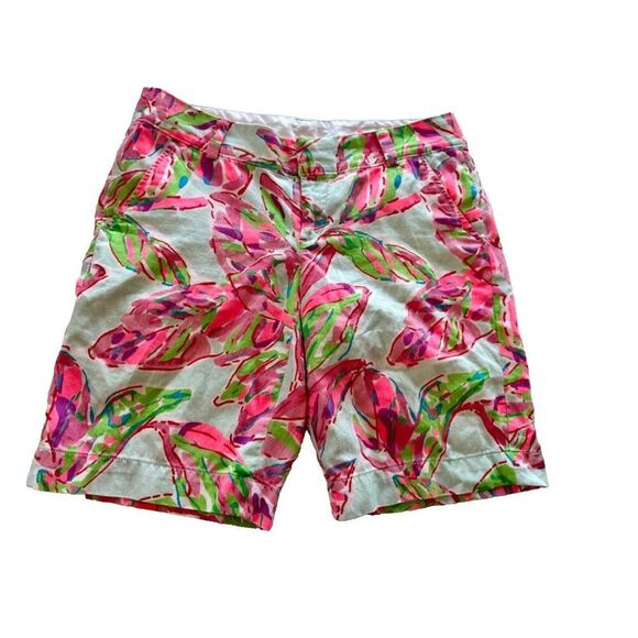 Lilly Pulitzer The Chipper Floral Bermuda Pink Green Pocket Cotton Shorts Size 4